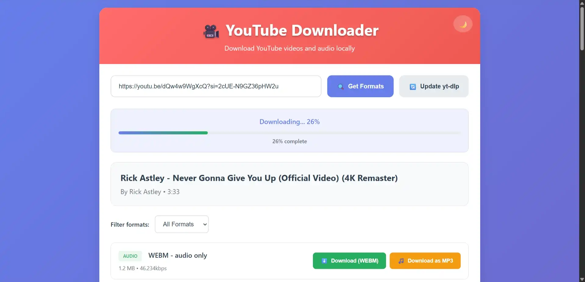 Status bar showing active download with percentage completion and file destination.
