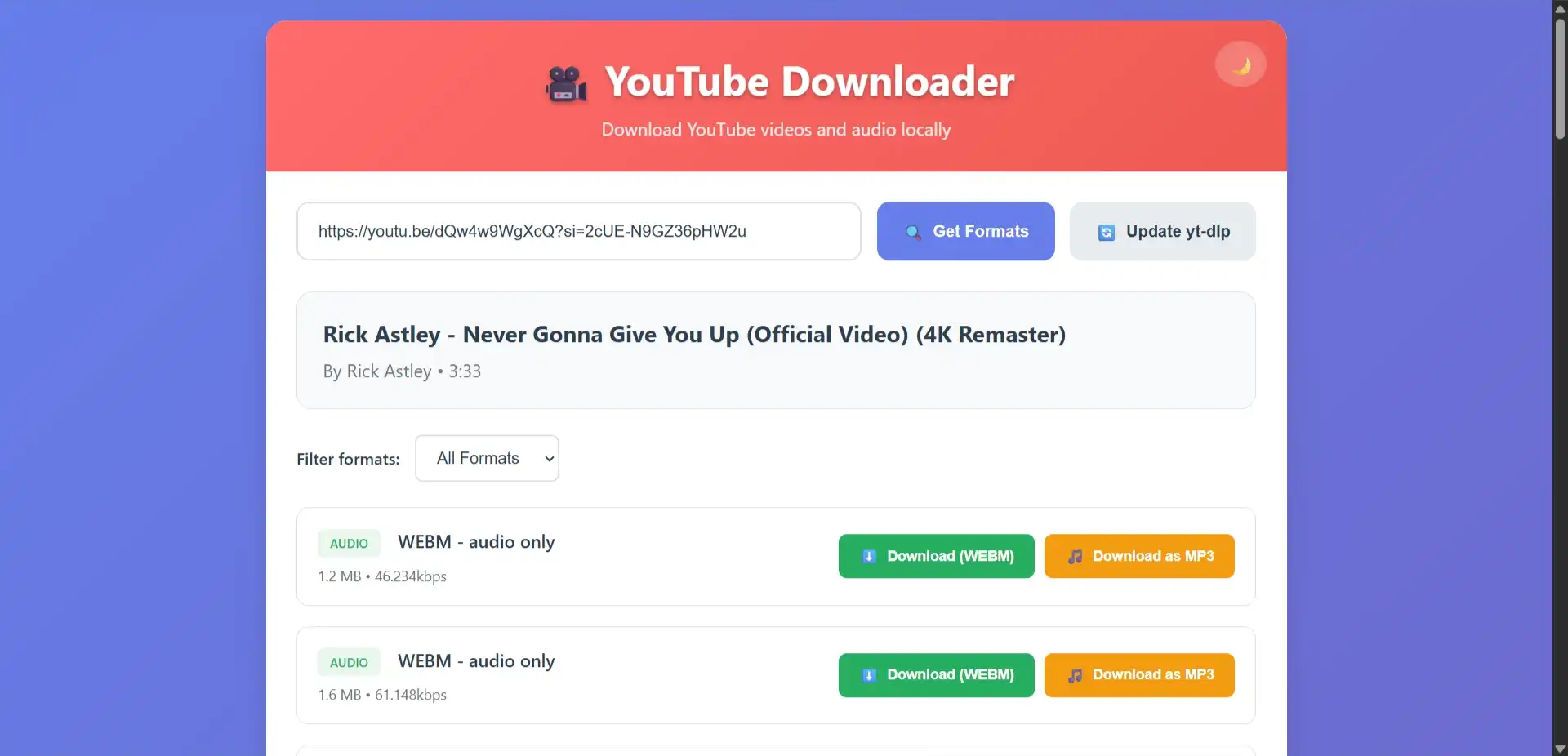 Screenshot of YouLoader's clean web interface showing the download options panel.